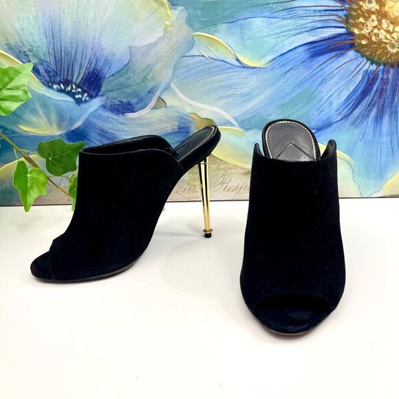 Tom Ford Black Suede Peep-Toe Mules With Gold Stiletto Heel Size 35 - Picture 2 of 12
